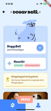 DoggyBell app home screen showing a paired front-door detector and dog-training content.