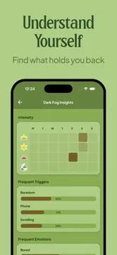 Rokan Journey insights screen with a calendar-style progress view and frequency patterns.